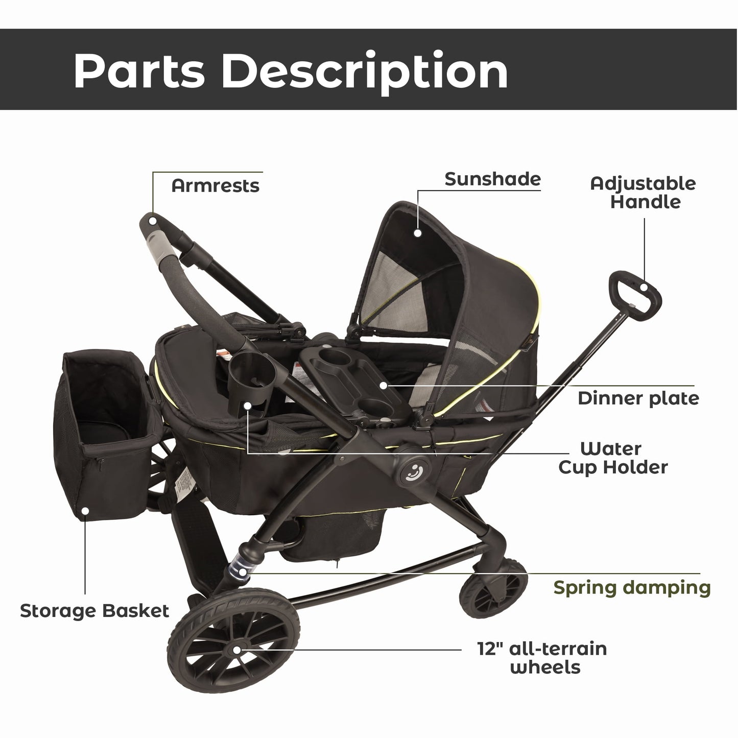 Pamo Babe 2-Seat Wagon Stroller Folding Baby Stroller with Adjustable Canopy