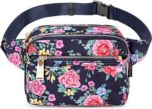 ZORFIN Fanny Packs for Women Men, Belt Bag with 4 Zipper Pockets, Fashion Crossbody Bags, Large Capacity Waist Packs with Adjustable Strap for Workout/Running/Hiking (Flower)